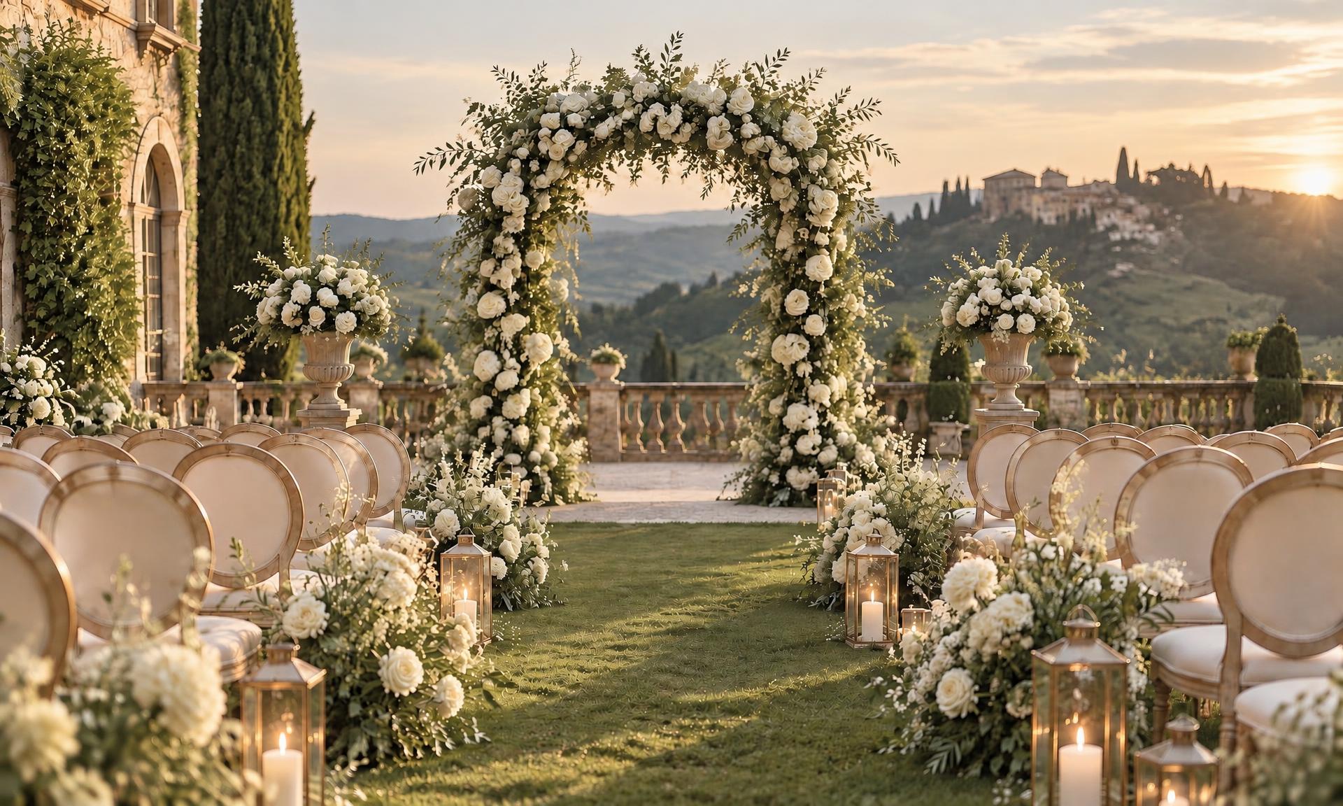 Garden wedding ceremony with an arch of ivory roses and candles at golden hour